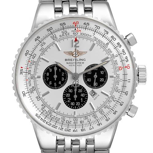 The Breitling Navitimer A35340 men's watch is shown from the front, displaying its face, chronograph dials, and stainless steel bracelet.