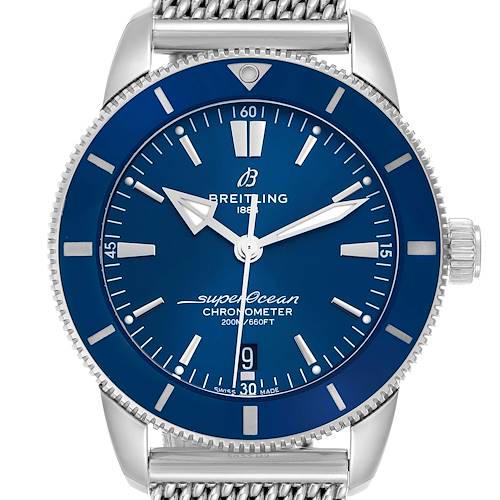 The image shows a Breitling Superocean model AB2030161C1A1 watch from a front angle, featuring its blue dial, bezel, and metal bracelet.