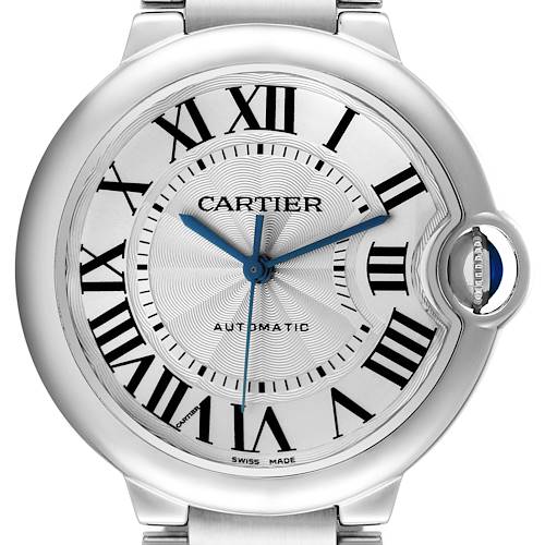 This image shows a close-up of the Cartier Ballon Bleu W6920046 Women's Stainless Steel Silver Dial W6920046 Women's Stainless Steel Silver Dial watch face, highlighting the dial, Roman numerals, and blue hands.