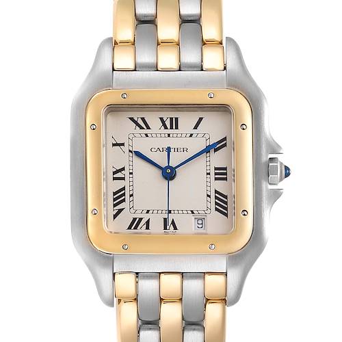 This image shows a front view of the Cartier Panthere W25028B6 Men's Steel and Gold (two tone) Silver Dial W25028B6 Men's Steel and Gold (two tone) Silver Dial model watch, highlighting its two-tone bracelet and Roman numeral dial.