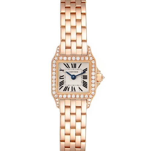 The image shows a front angle of the Cartier Santos Demoiselle WF9011Z8 Women's Rose Gold Silver Dial WF9011Z8 Women's Rose Gold Silver Dial watch, highlighting its square face, diamond bezel, and linked bracelet.
