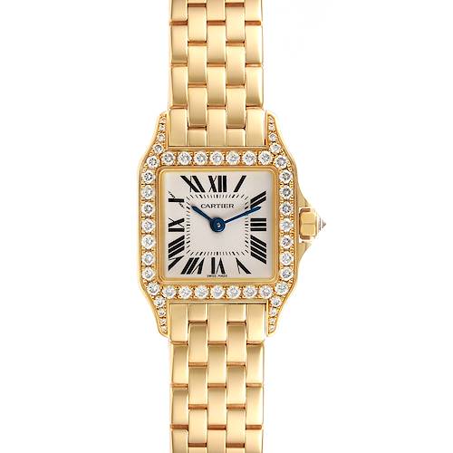 This image shows a Cartier Santos Demoiselle WF9001Y7 Women's Yellow Gold Silver Dial WF9001Y7 Women's Yellow Gold Silver Dial watch from a top-down angle, highlighting its face, bezel, and bracelet.