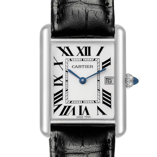 The Cartier Tank Louis model W1540956 is shown from the front, highlighting its rectangular dial, Roman numerals, blue hands, and a black leather strap.