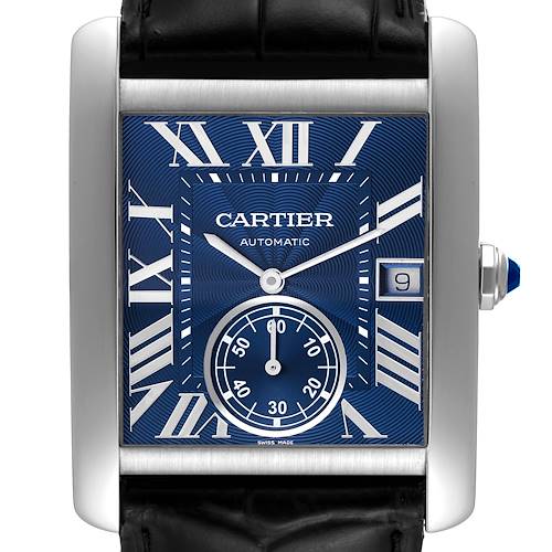 The image shows a close-up of the Cartier Tank MC WSTA0010 Men's Stainless Steel Blue Dial WSTA0010 Men's Stainless Steel Blue Dial watch, displaying the dial, Roman numerals, date, and subdial.