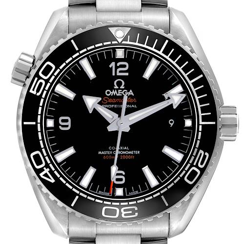 The image shows the Omega Planet Ocean model 215.30.44.21.01.001 from a front angle, displaying the dial, bezel, hands, and part of the bracelet.
