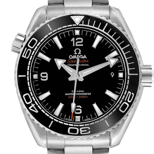 The image shows a front view of the Omega Planet Ocean model 215.30.44.21.01.001, highlighting the dial, bezel, and part of the bracelet.