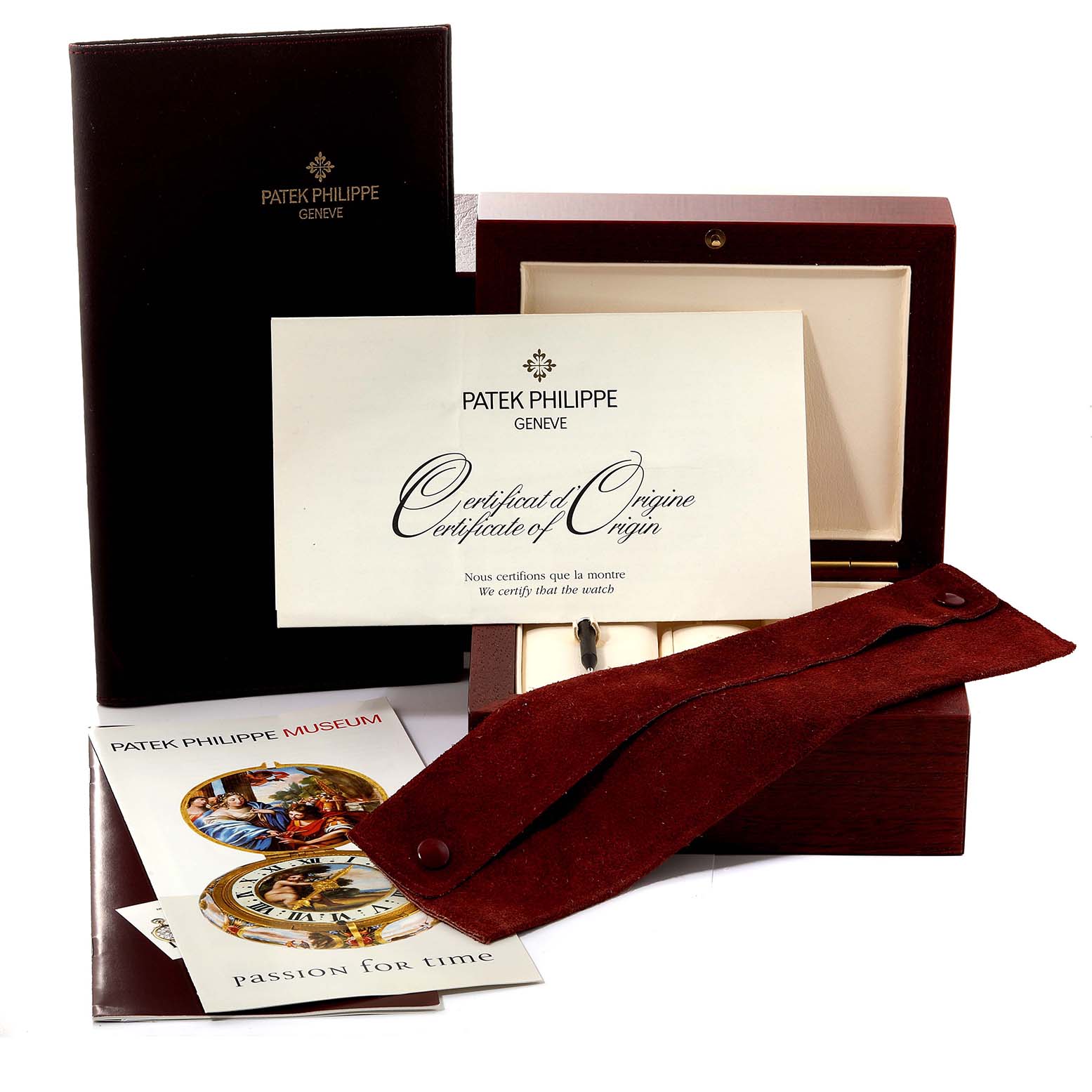 The image shows the packaging box, certificate of origin, and manuals for the Patek Philippe Complications 5055G-010 Men's White Gold Black Dial 5055G-010 Men's White Gold Black Dial model.