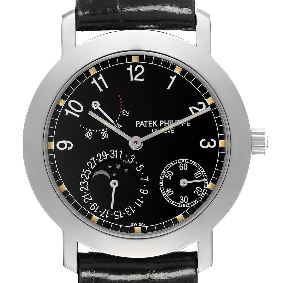 This is a front view of the Patek Philippe Complications 5055G-010 Men's White Gold Black Dial 5055G-010 Men's White Gold Black Dial model, showing the dial with multiple subdials and a date indicator.