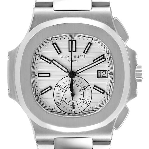 This image shows a front view of the Patek Philippe Nautilus 5980/1A-019 Men's Stainless Steel White Dial 5980/1A-019 Men's Stainless Steel White Dial watch, highlighting its dial, hands, and case.