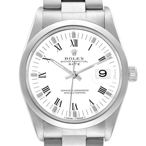 The image shows a front view of the Rolex Date model 15200 men's watch, displaying the face, bezel, crown, and part of the bracelet.