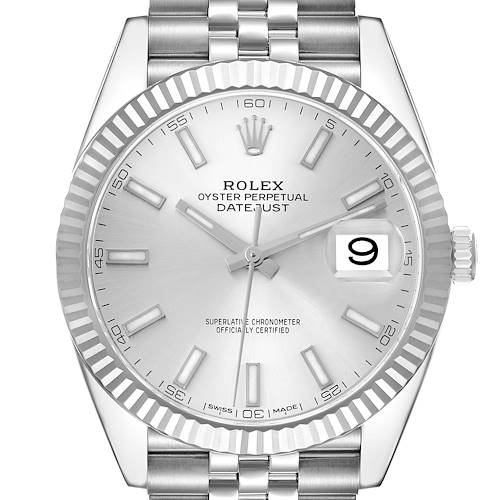 This image shows a front view of a Rolex Datejust 41, model number 126334, highlighting its silver dial, fluted bezel, date function, and Jubilee bracelet.