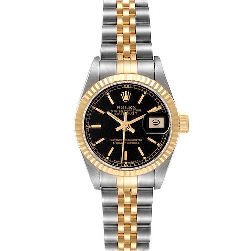 The Rolex Datejust model 69173 is shown from the front, displaying the watch face, bracelet, and bezel.