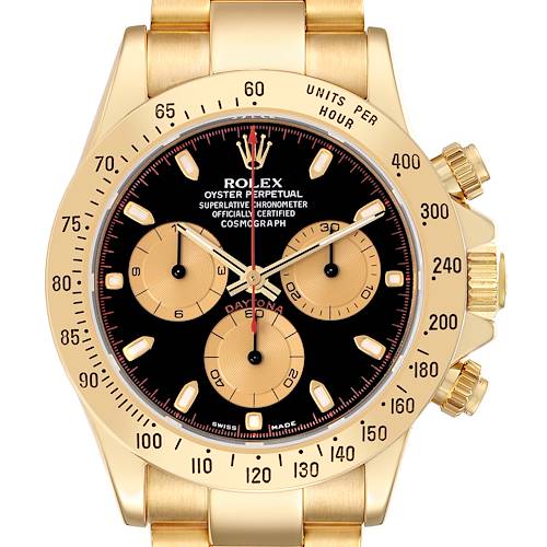 The image shows a frontal view of a Rolex Daytona model 116528 men's watch, displaying the dial, bezel, chronograph subdials, and part of the bracelet.