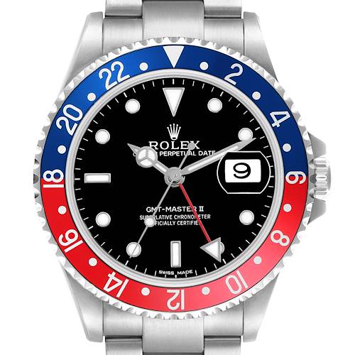 The image shows a Rolex GMT-Master II, model 16710, from a front angle, highlighting its Pepsi bezel, black dial, and date window.