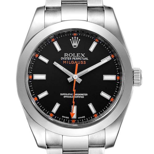 This image shows a front view of a Rolex Milgauss 116400 Men's Stainless Steel Black Dial 116400 Men's Stainless Steel Black Dial watch, highlighting the face, bezel, crown, and bracelet.