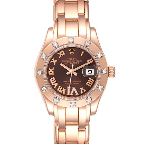 This image shows a front angle view of a Rolex Pearlmaster 80315 Women's Rose Gold Brown Dial 80315 Women's Rose Gold Brown Dial watch, highlighting its dial, bezel, and bracelet.