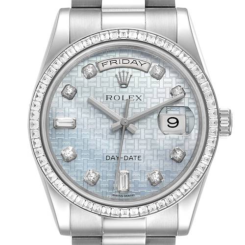 The image shows a front view of a Rolex President 118399 Men's White Gold Mother of Pearl Dial 118399 Men's White Gold Mother of Pearl Dial Day-Date watch, highlighting its dial, bezel, and bracelet.