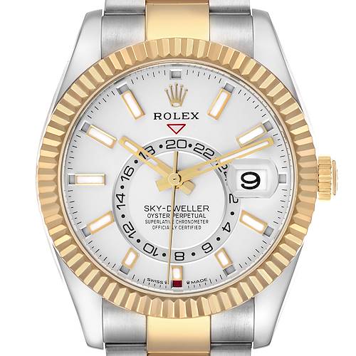 The Rolex Sky-Dweller model 326933 is shown from the front, displaying its dial, bezel, crown, and bracelet links.