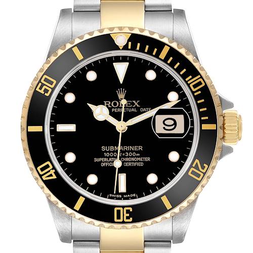 The Rolex Submariner model 16613 is shown from a front angle, highlighting the dial, bezel, and part of the bracelet.