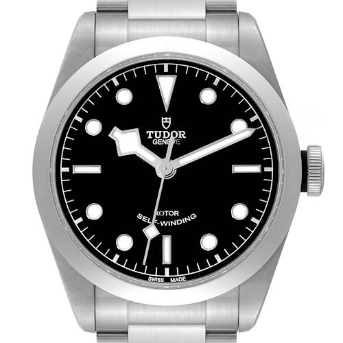 This is a front view of the Tudor Heritage Black Bay 79540 Men's Stainless Steel Black Dial 79540 Men's Stainless Steel Black Dial watch, showcasing the face, hands, crown, and part of the bracelet.