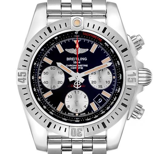 The Breitling Chronomat AB0144 men's watch is shown from the front, displaying the bezel, dial, subdials, and bracelet.