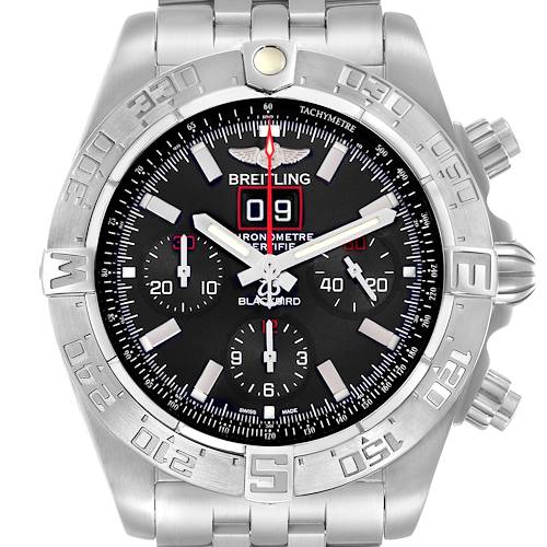 The image shows a frontal view of the Breitling Chronomat model, model number A44360, highlighting the dial, bezel, and bracelet.