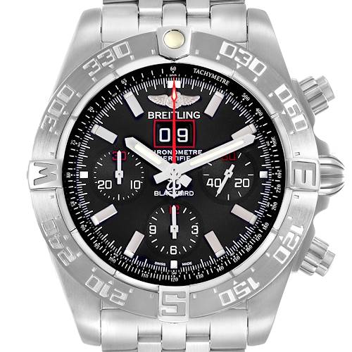 The Breitling Chronomat A44360 men's watch is shown at a front angle, highlighting the dial, bezel, and bracelet.