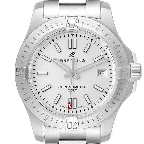 The Breitling Colt A17313 Men's watch is shown from a front angle, highlighting the dial, bezel, hands, and part of the bracelet.