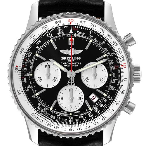 The image shows a front view of the Breitling Navitimer AB0121 Men's Stainless Steel Black Dial AB0121 Men's Stainless Steel Black Dial watch, displaying its dial, bezel, and chronograph sub-dials.