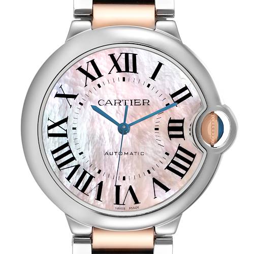 The image shows a front view of the Cartier Ballon Bleu W6920033 men's watch, highlighting its Roman numeral dial, blued steel hands, and crown with a cabochon.