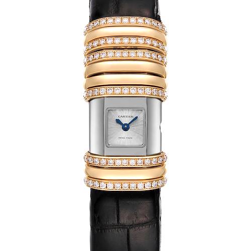 The image shows a close-up view of the Cartier Declaration WT000150 Women's Steel and Gold (two tone) Silver Dial WT000150 Women's Steel and Gold (two tone) Silver Dial model watch face and strap with gold and diamond accents.