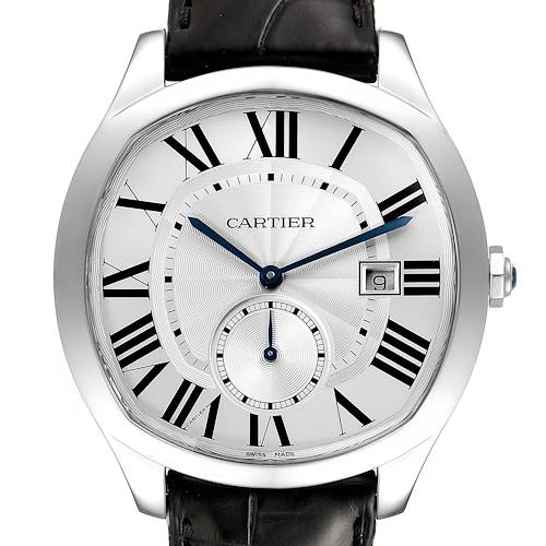 The image shows a Drive de Cartier model by Cartier watch from a front-facing angle, highlighting its dial, bezel, leather strap, and crown.