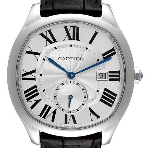 The image shows a front view of a Drive de Cartier watch by Cartier, displaying the face, Roman numerals, date window, and sub-dial.