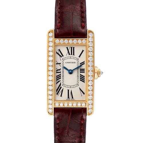 The image shows a Cartier Tank Americaine WB707231 Women's Yellow Gold Silver Dial WB707231 Women's Yellow Gold Silver Dial watch from a front view, highlighting its diamond-set bezel and leather strap.