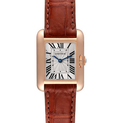 This image shows the Tank Anglaise model by Cartier, showcasing its face, bezel, and leather strap from a top-down view.