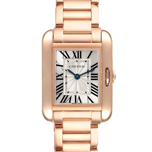 This image shows a front view of the Cartier Tank Anglaise W5310013 Women's Rose Gold Silver Dial W5310013 Women's Rose Gold Silver Dial watch, highlighting its rectangular face, Roman numerals, and metal bracelet.