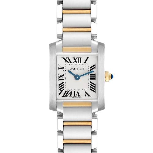 The image shows a Cartier Tank Francaise watch model W51007Q4, featuring a front view highlighting the dial, Roman numerals, blue hands, and two-tone bracelet.