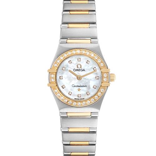 The Omega model 1267.75.00 men's watch is shown from a top view, displaying the face, bezel, crown, and bracelet.