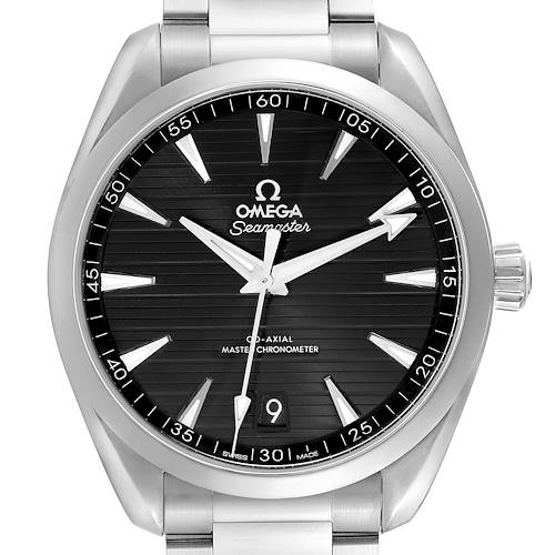 The image shows the Omega Aqua Terra model 220.10.41.21.01.001 from a frontal angle, highlighting the black dial, indices, and bracelet.