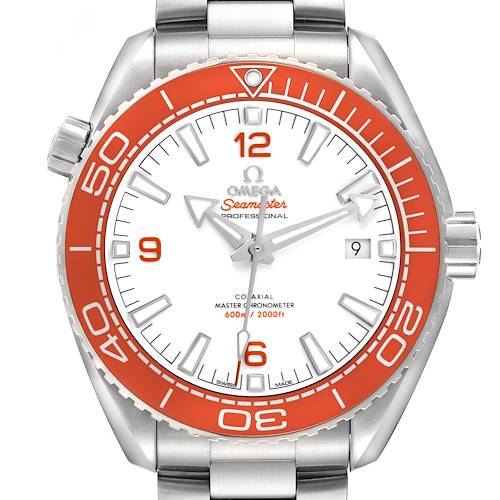 The image shows a front view of the Omega Planet Ocean model 215.30.44.21.04.001, highlighting its white dial, orange bezel, and steel bracelet.