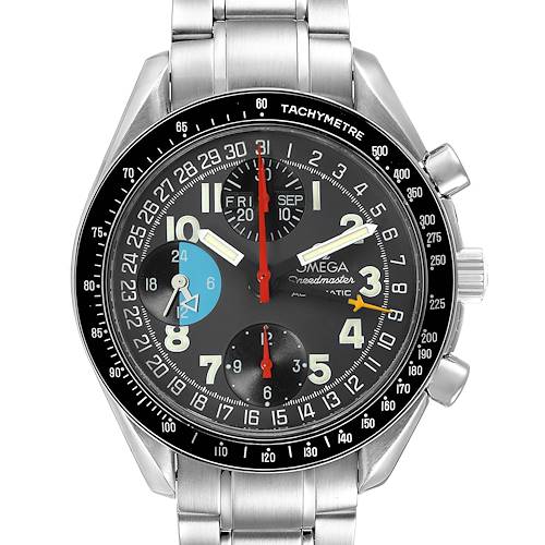 The image shows a front view of the Omega Speedmaster 3520.53.00 Men's Stainless Steel Grey Dial 3520.53.00 Men's Stainless Steel Grey Dial watch, displaying the dial, face, hands, and tachymetre bezel.