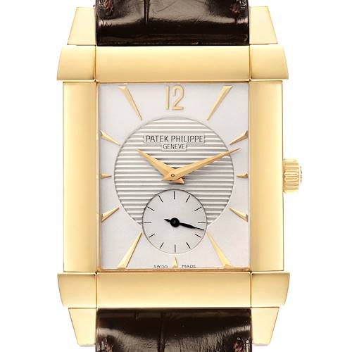 The image shows a front view of the Patek Philippe Gondolo model 5111J men's watch, highlighting its rectangular gold case, dial, and brown leather strap.
