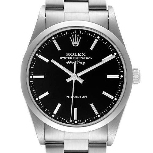 The Rolex Air-King model 14000 is shown from a front angle, displaying its black dial, hour markers, hands, crown, and part of the bracelet.