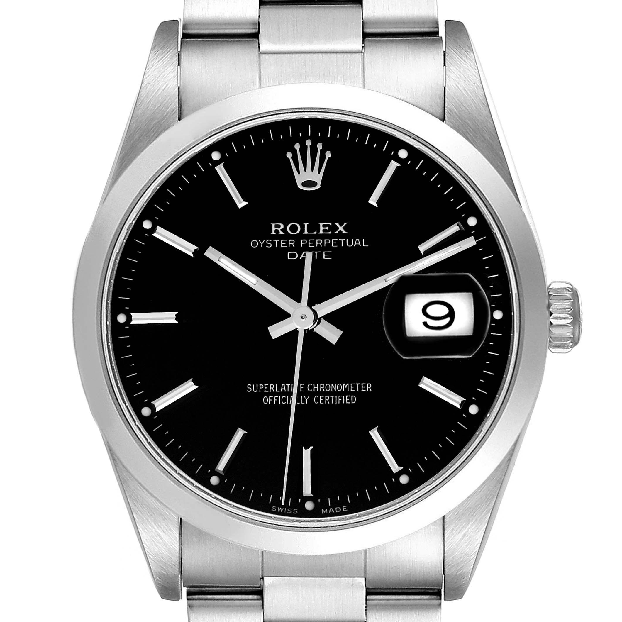 The image shows a front view of a Rolex Oyster Perpetual Date watch, highlighting the dial, date window, and part of the bracelet.