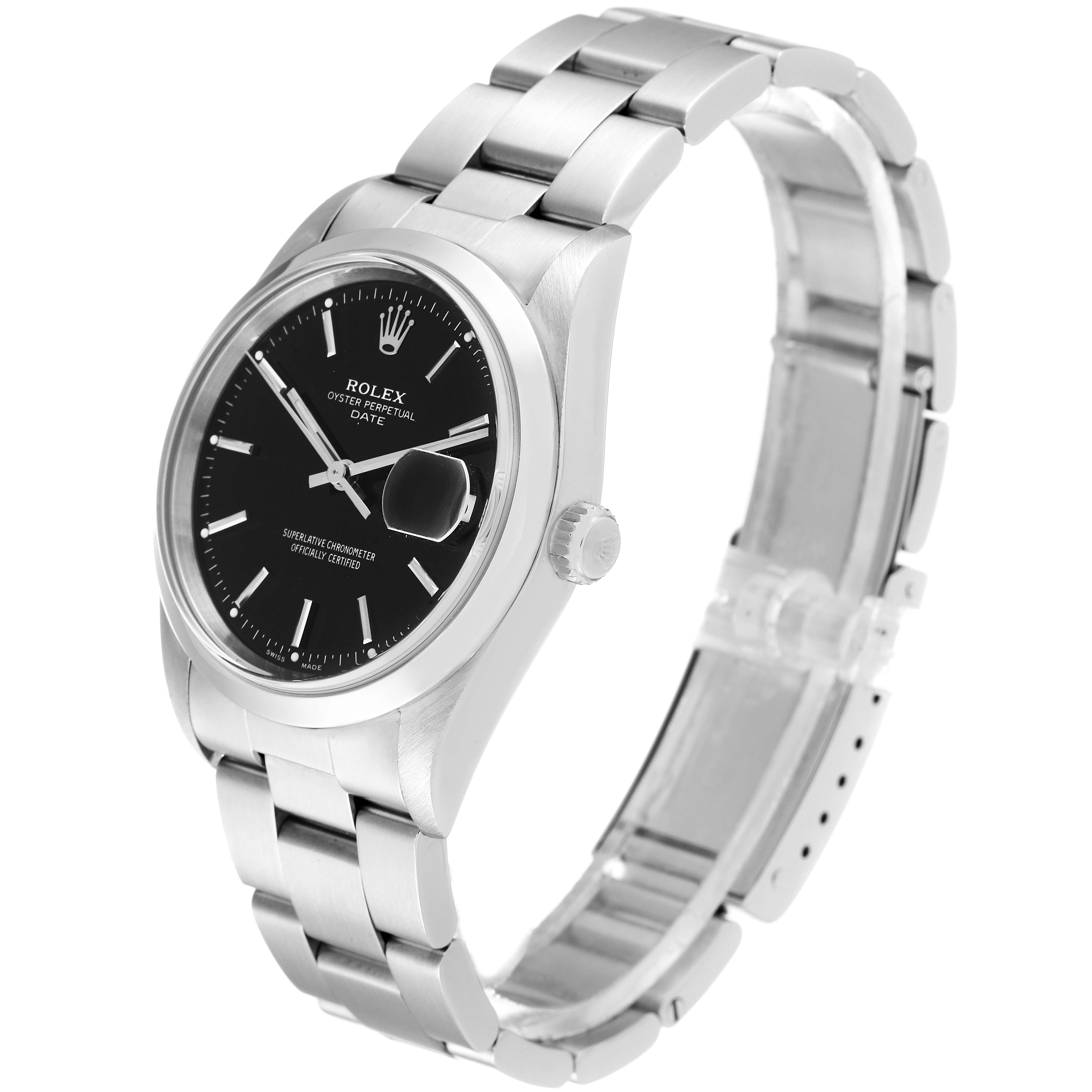 The image shows a side angle of a Rolex Oyster Perpetual Date, displaying the case, dial, crown, and bracelet.