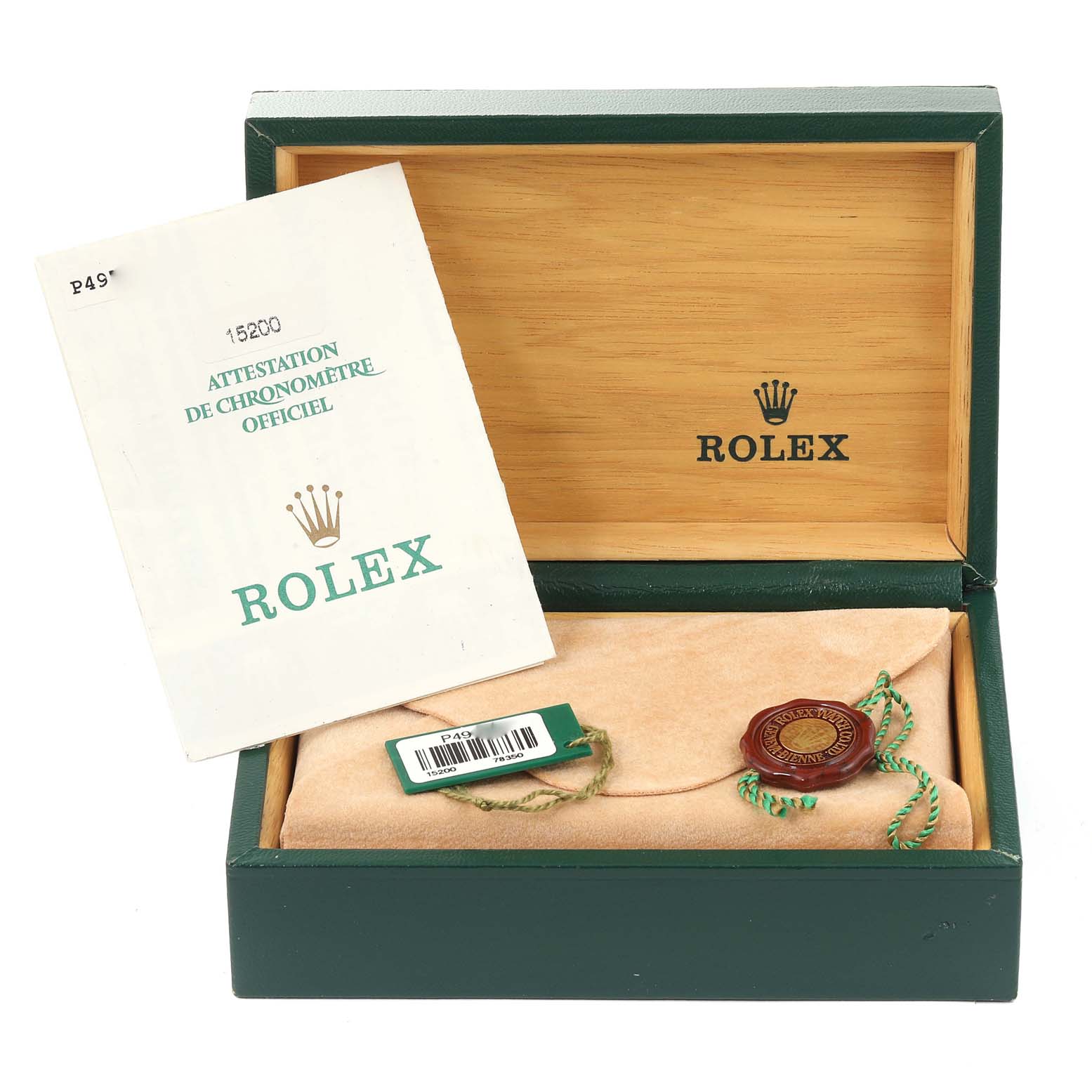 The image shows the packaging, tags, and official papers for the Rolex Date 15200 Men's Stainless Steel Black Dial 15200 Men's Stainless Steel Black Dial model, including its box and certificate.