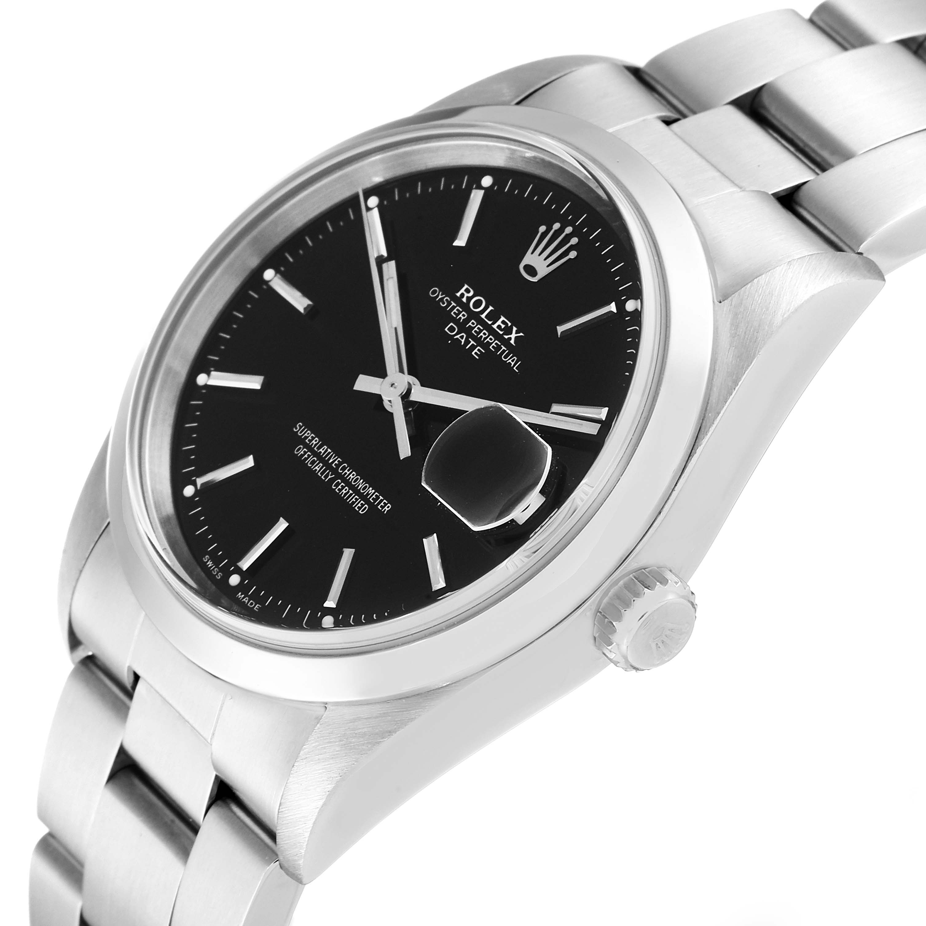 The image shows a side angle view of a Rolex Date 15200 Men's Stainless Steel Black Dial 15200 Men's Stainless Steel Black Dial model watch, highlighting its black dial, bezel, crown, and bracelet.