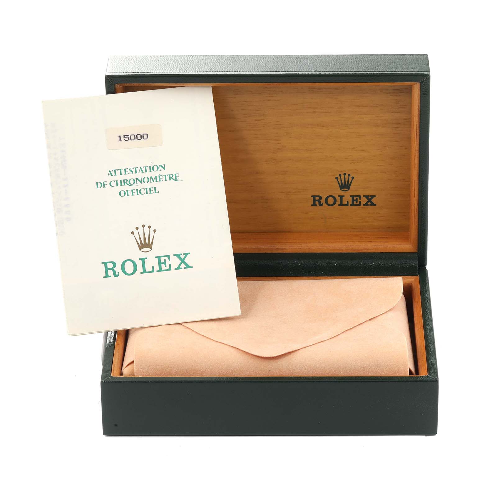 The image shows a Rolex Date 15000 Men's Stainless Steel Silver Dial 15000 Men's Stainless Steel Silver Dial model watch box with a certificate and a pouch inside from a front angle.