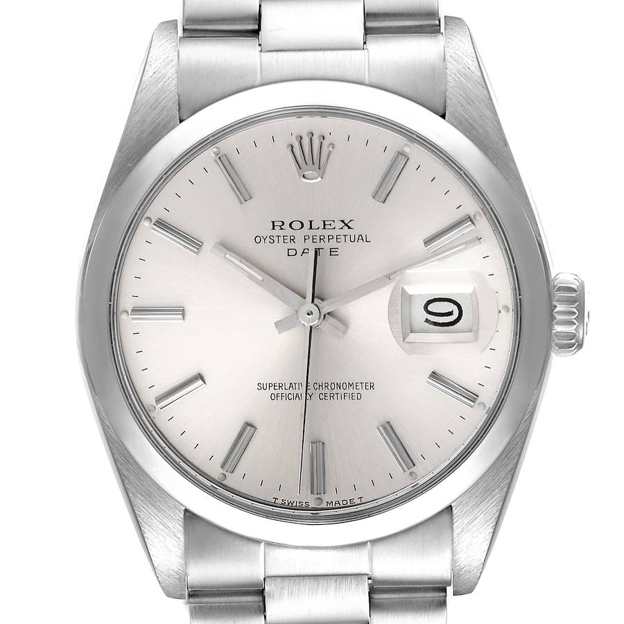 This image shows a front view of a Rolex Oyster Perpetual Date watch, highlighting the dial, date window, and part of the bracelet.