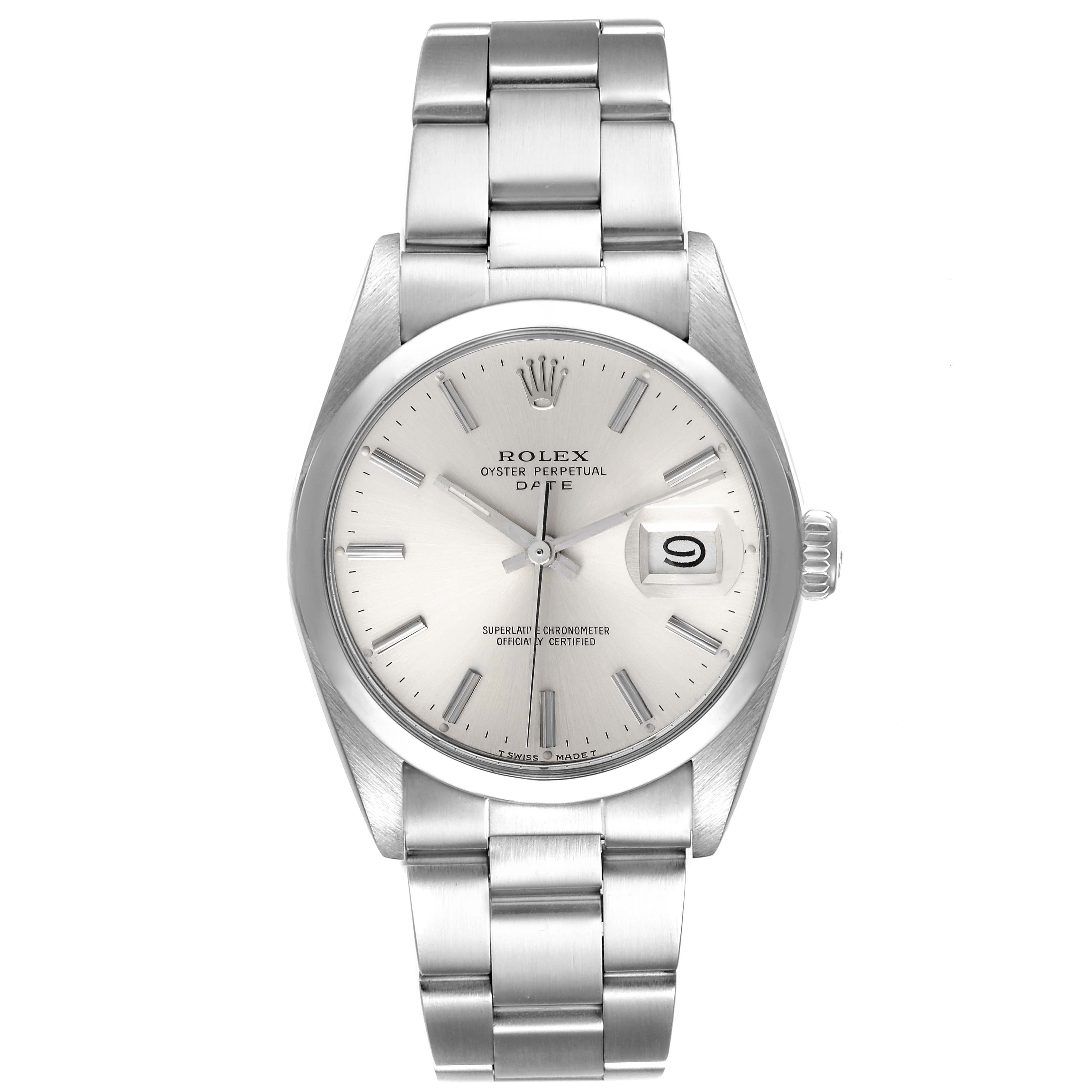 This image shows a front view of the Rolex Date 15000 Men's Stainless Steel Silver Dial 15000 Men's Stainless Steel Silver Dial model watch, displaying its dial, bracelet, and crown.